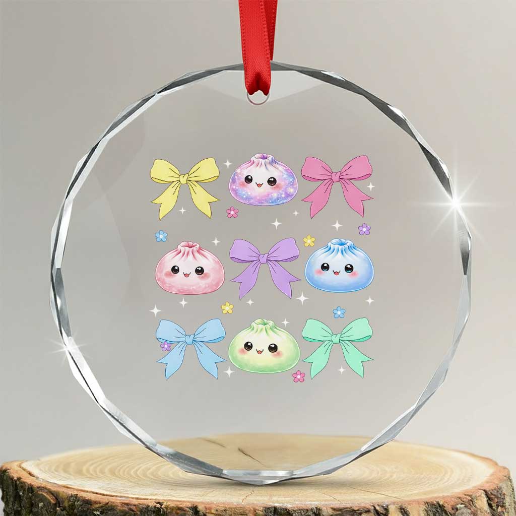 Kawaii Dumpling and Bows Aesthetic Graphic Crystal Glass Ornament Cute Pastel Bao Dim Sum Coquette Aesthetic TS02 Transparent Glass 3'' Circle Print Your Wear