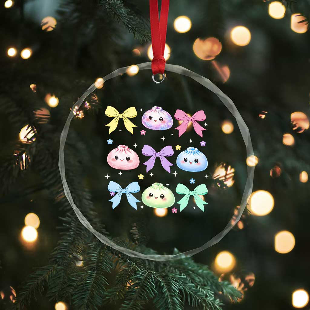 Kawaii Dumpling and Bows Aesthetic Graphic Crystal Glass Ornament Cute Pastel Bao Dim Sum Coquette Aesthetic