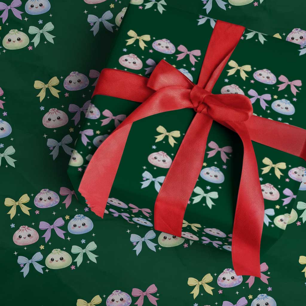 Kawaii Dumpling and Bows Aesthetic Graphic Wrapping Paper Roll Cute Pastel Bao Dim Sum Coquette Aesthetic