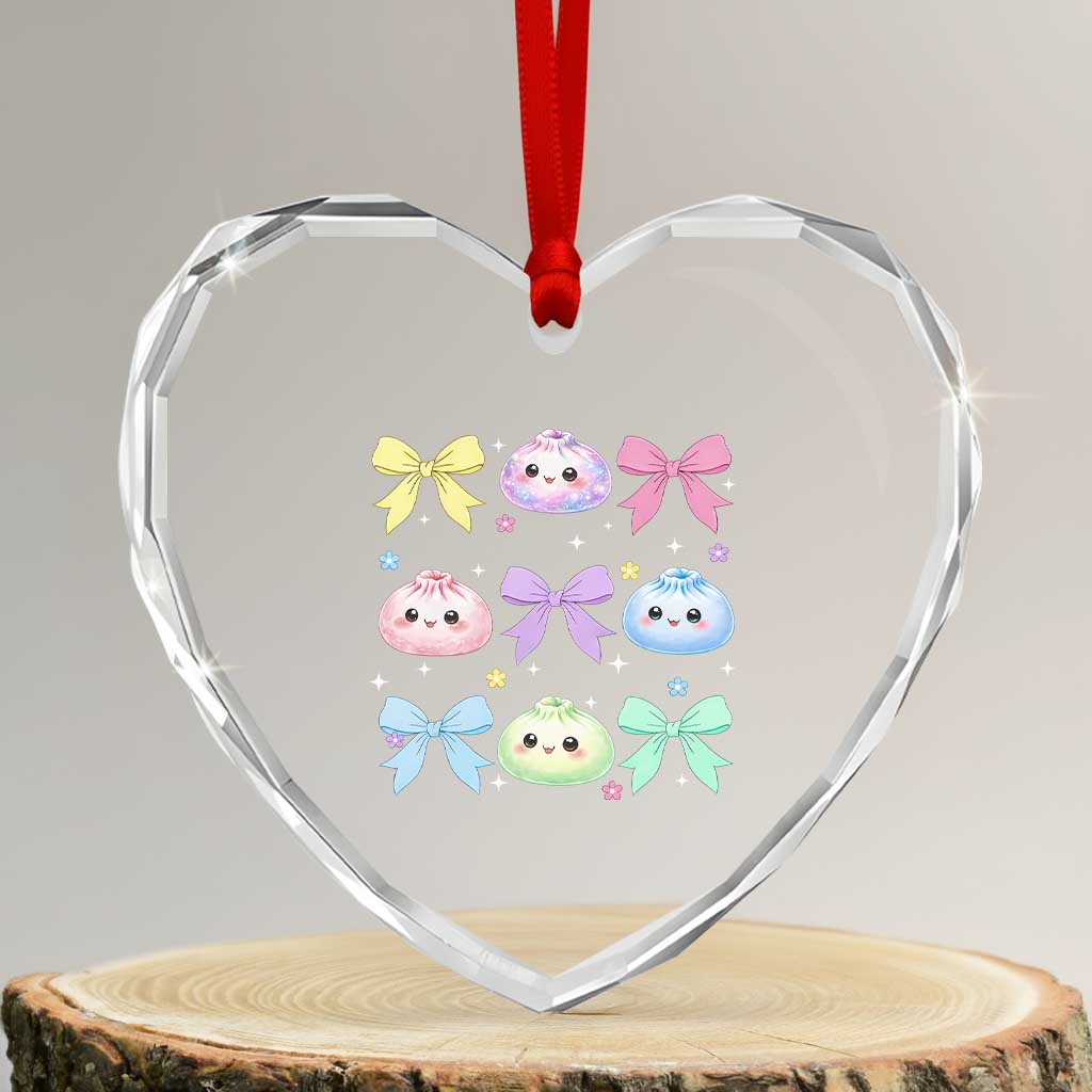 Kawaii Dumpling and Bows Aesthetic Graphic Heart Crystal Glass Ornament Cute Pastel Bao Dim Sum Coquette Aesthetic