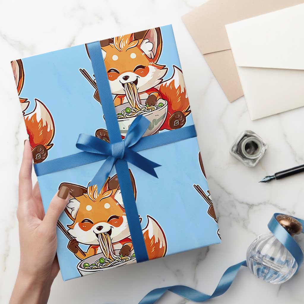 Kawaii Fox Ramen Japanese Wrapping Paper Roll Japanese Anime Otaku Manga Cute Graphic TS02 Light Blue Print Your Wear