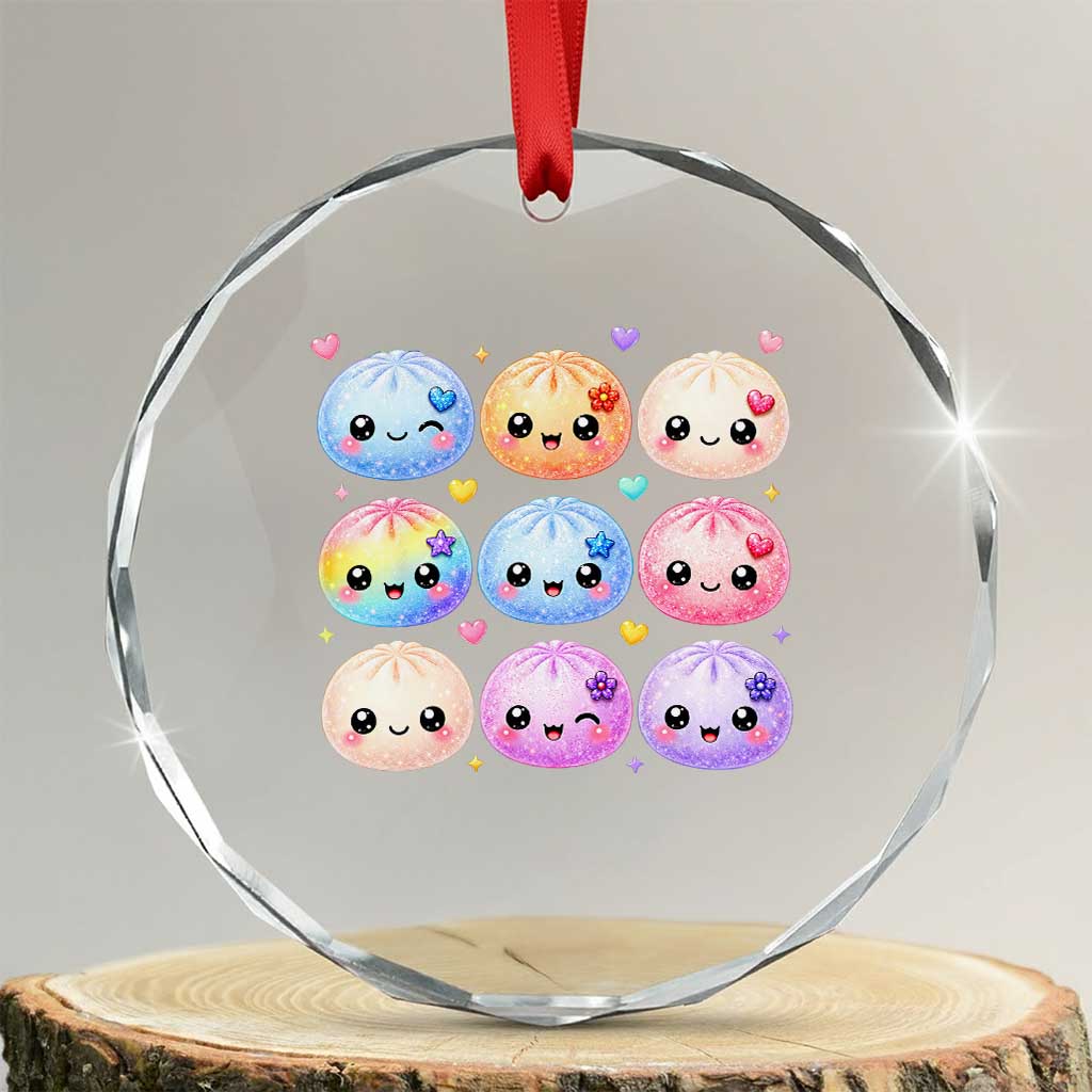 Kawaii Glitter Dumpling Bao Dim Sum Graphic Crystal Glass Ornament Cute Pastel Foodie Squishy Hearts and Flowers TS02 Transparent Glass 3'' Circle Print Your Wear