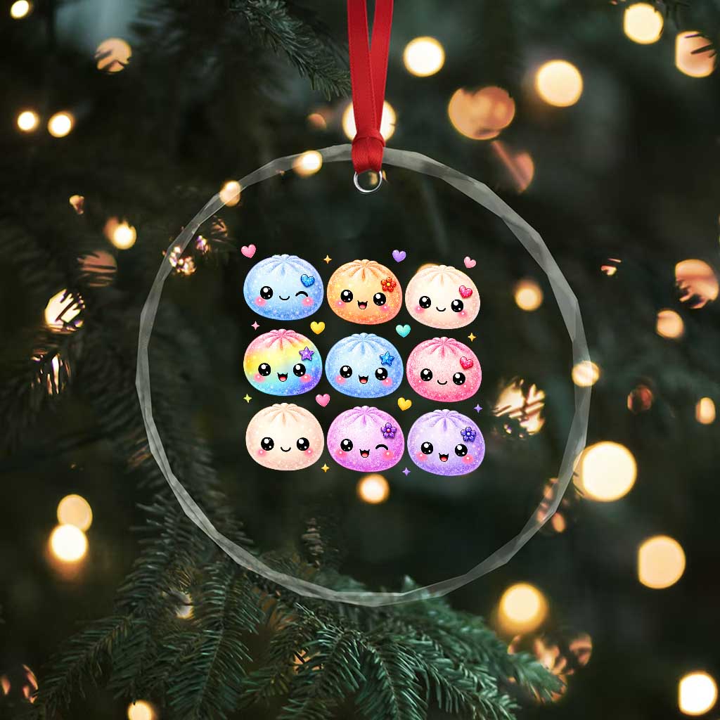 Kawaii Glitter Dumpling Bao Dim Sum Graphic Crystal Glass Ornament Cute Pastel Foodie Squishy Hearts and Flowers