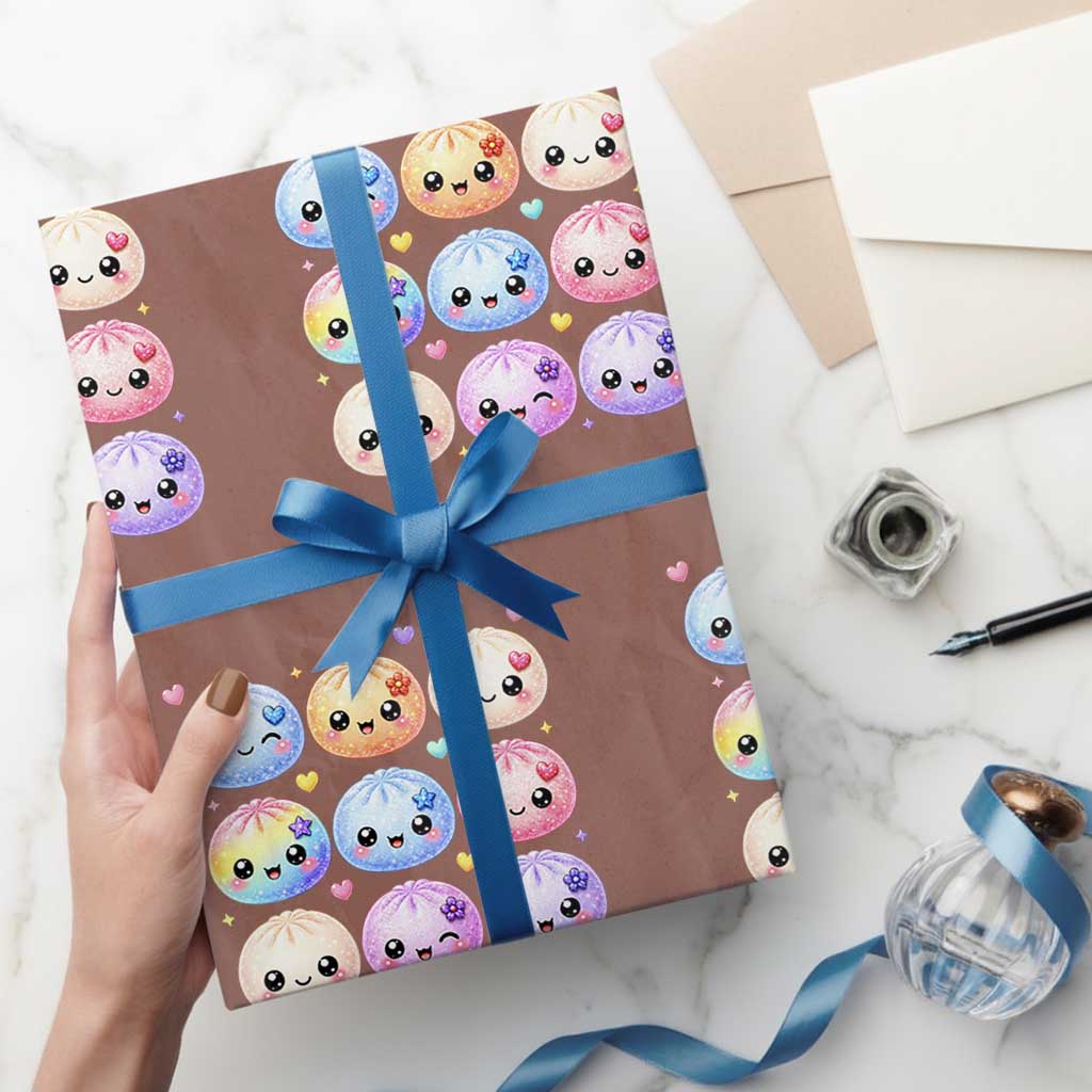 Kawaii Glitter Dumpling Bao Dim Sum Graphic Wrapping Paper Roll Cute Pastel Foodie Squishy Hearts and Flowers
