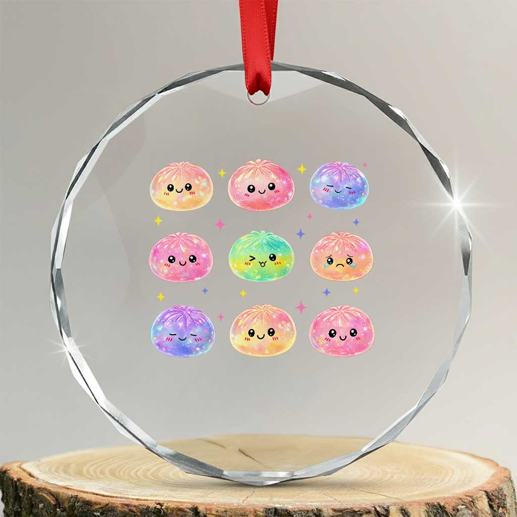 Kawaii Glitter Dumpling Face Grid Graphic Crystal Glass Ornament Cute Pastel Bao Emoji Expressions TS02 Transparent Glass 3'' Circle Print Your Wear