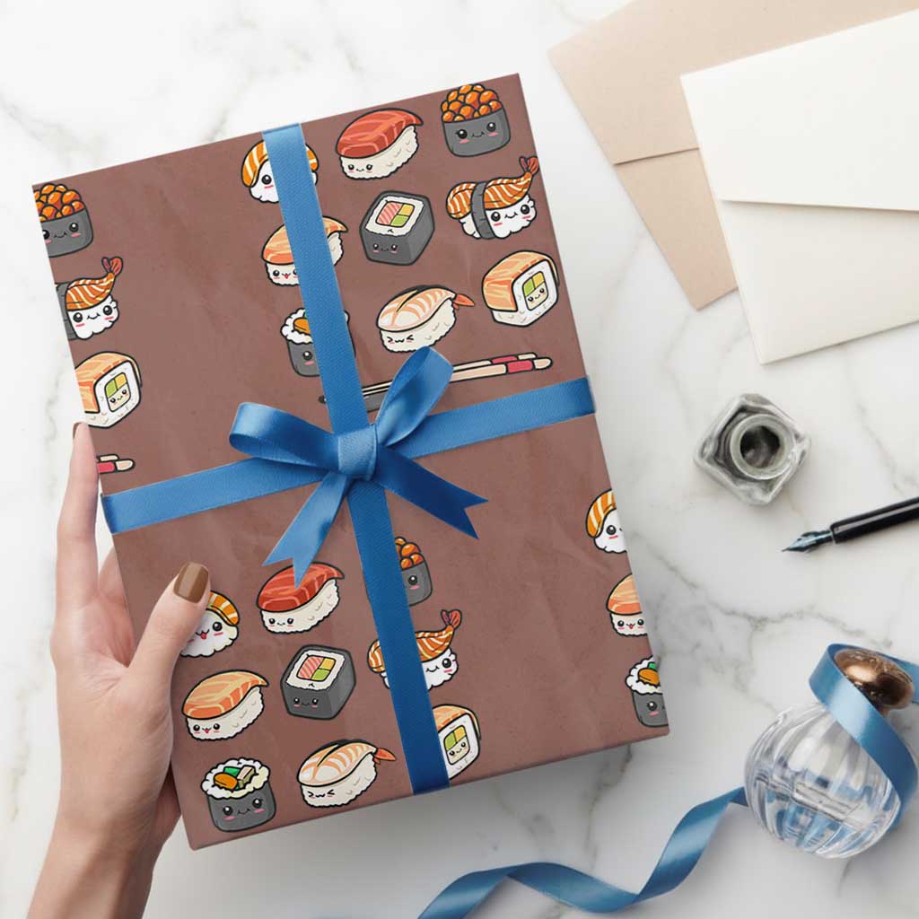 Kawaii Sushi Set Wrapping Paper Roll Japanese Food Lover Anime Otaku Manga TS02 Mocha Print Your Wear