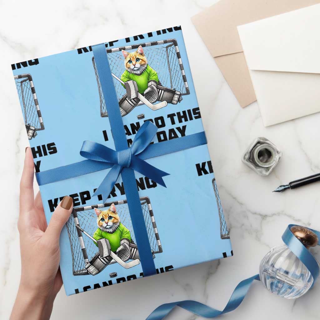 Keep Trying I Can Do This All Day Wrapping Paper Roll Funny Hockey Goalie Cat Gift TS12 Light Blue Print Your Wear