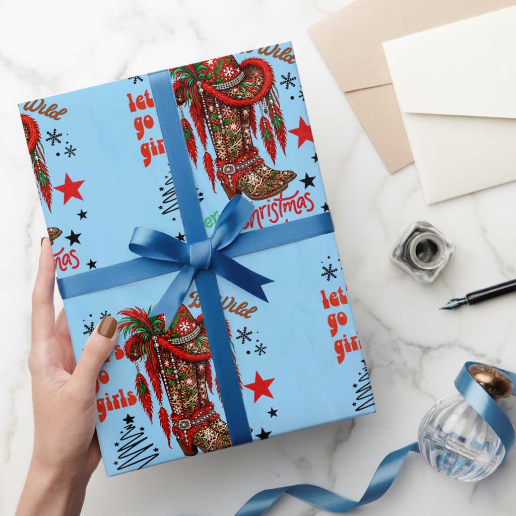 Let Us Go Girls Wrapping Paper Roll Christmas Cowgirl Boots TS14 Light Blue Print Your Wear