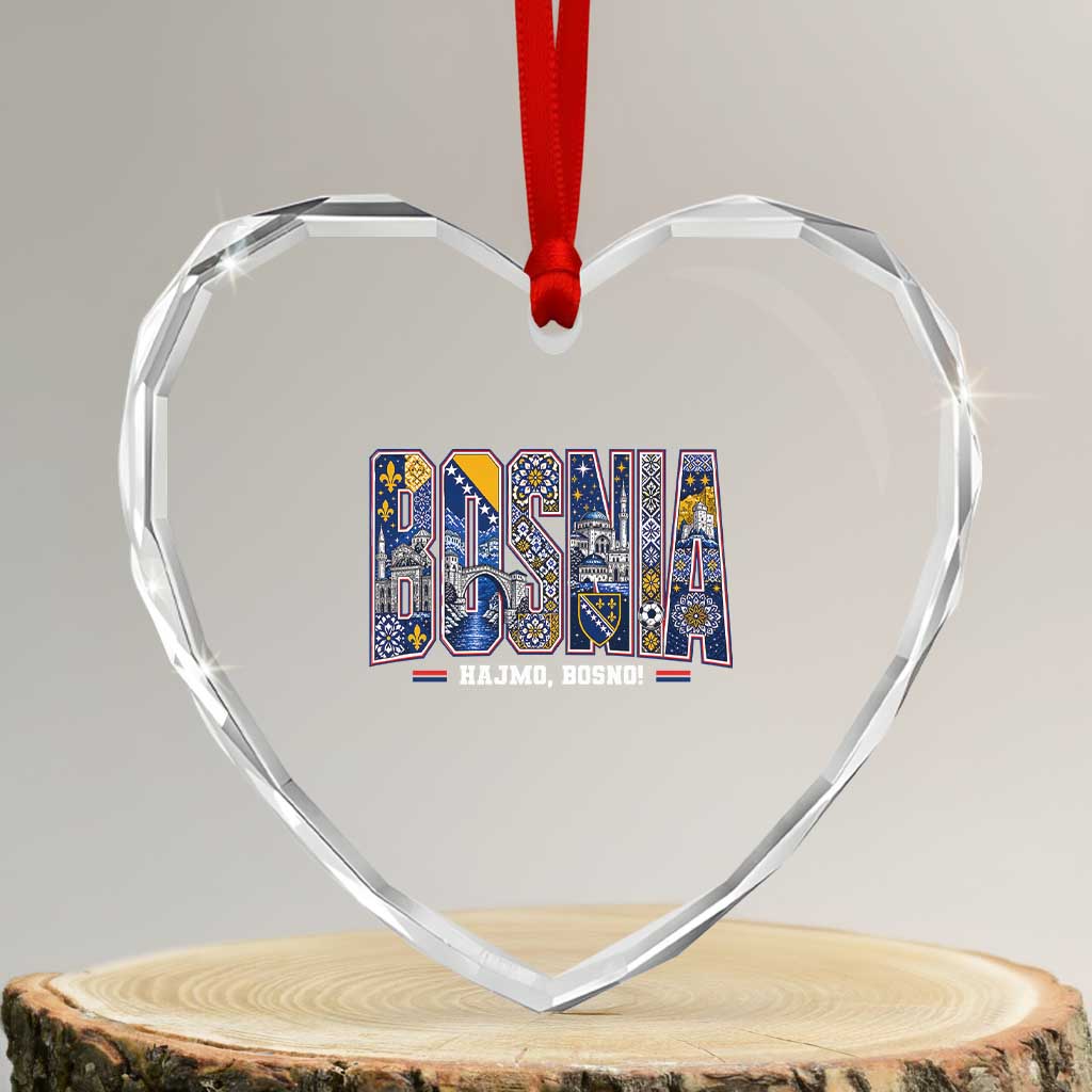 Lets Go Bosnia Heritage Hajmo Bosno Cultural Mosaic Pattern Heart Crystal Glass Ornament Bosnia Herzegovina Map Soccer Lover Football Fan