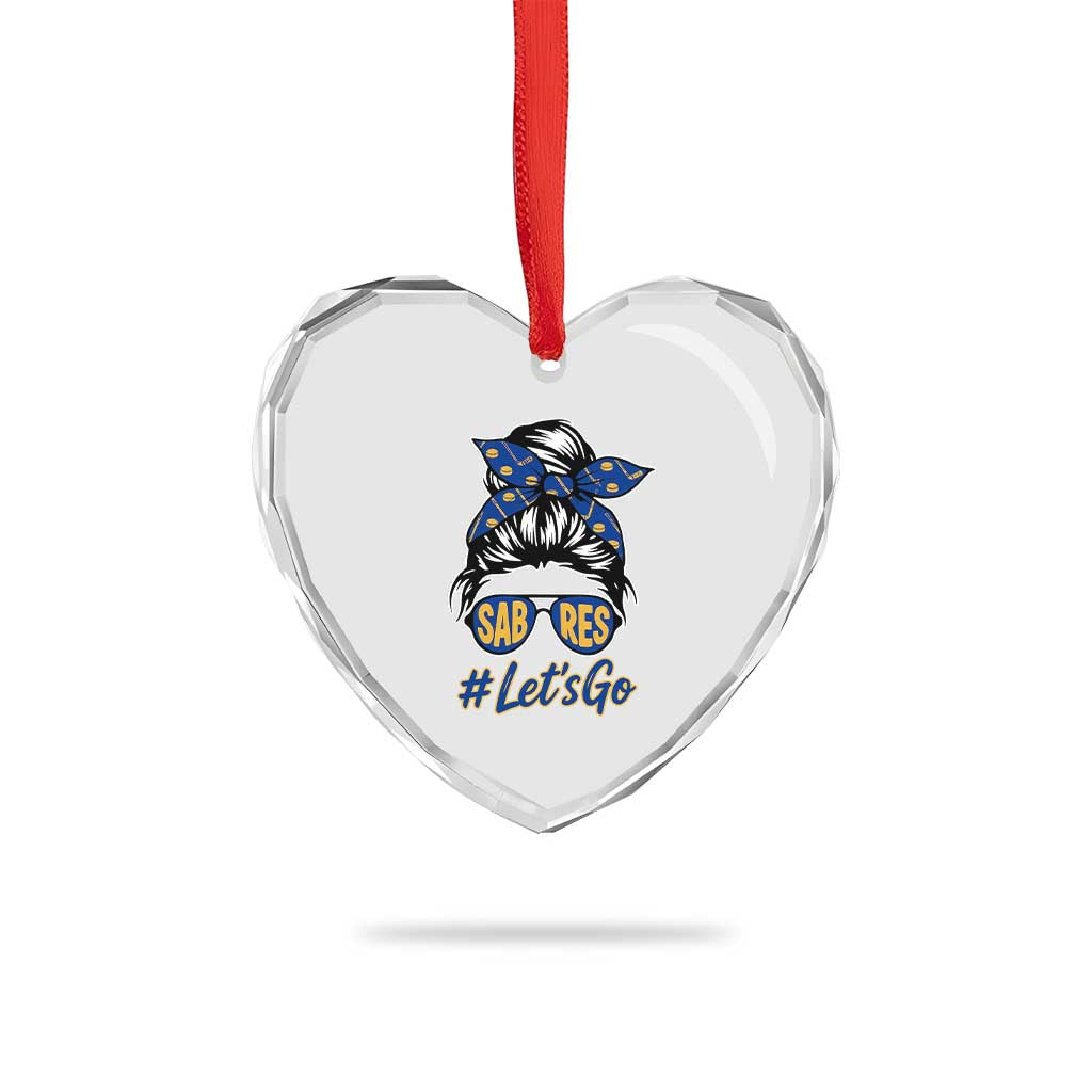 Lets Go Hockey Mom Heart Crystal Glass Ornament Buffalo Messy Bun Sunglasses Sports Fan