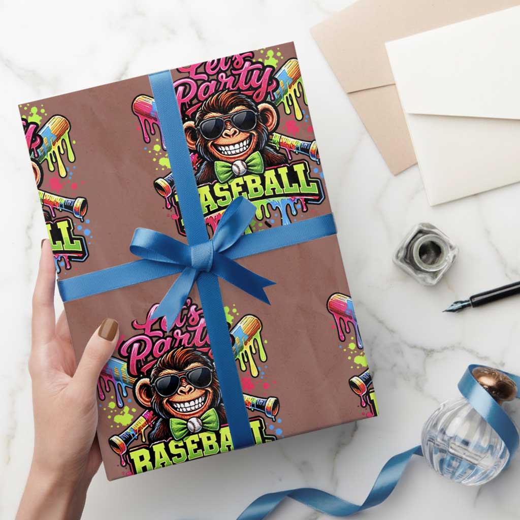 Lets Party Baseball Monkey Neon Dripping Graphic Wrapping Paper Roll Funny Ball Party Game Day Fans TS02 Mocha Print Your Wear