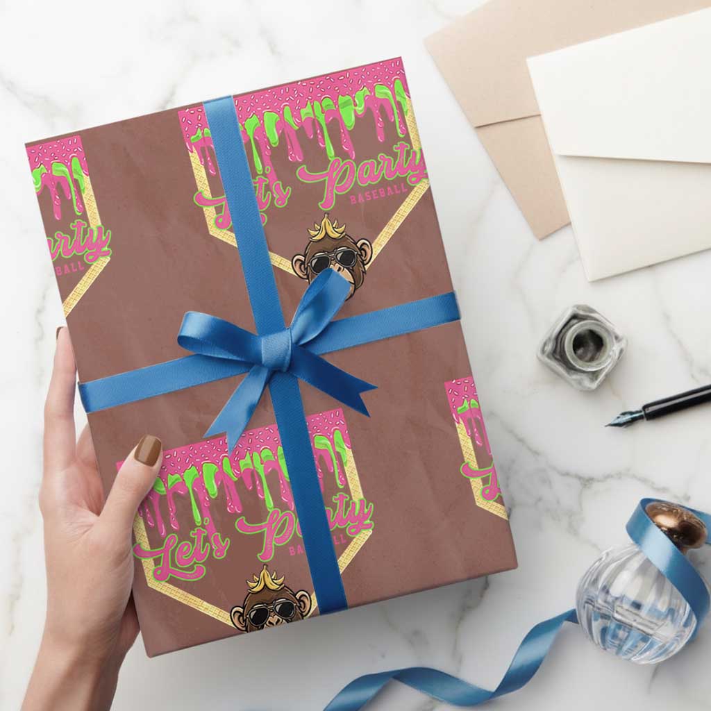 Lets Party Monkey Baseball Game Day Wrapping Paper Roll Neon Dripping Homeplate Funny Ball Party Fans TS02 Mocha Print Your Wear