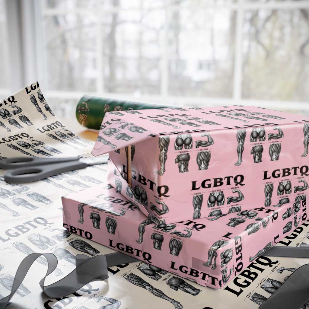 LGBTQ Acronym Funny Fitness Gym Muscle Graphic Wrapping Paper Roll Legs Glutes Biceps Triceps Quads TS02 Light Pink Print Your Wear