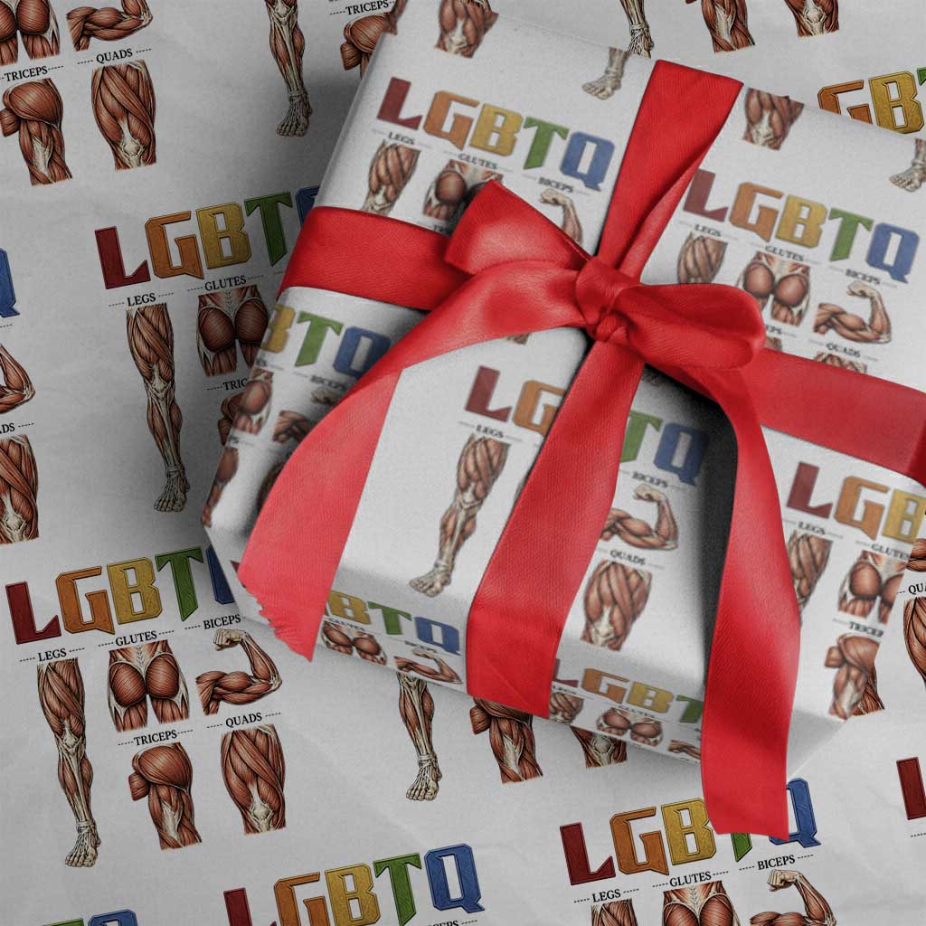 LGBTQ Acronym Funny Fitness Gym Rainbow Muscle Graphic Wrapping Paper Roll Legs Glutes Biceps Triceps Quads TS02 White Print Your Wear