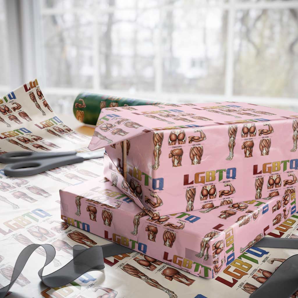 LGBTQ Acronym Funny Fitness Gym Rainbow Muscle Graphic Wrapping Paper Roll Legs Glutes Biceps Triceps Quads TS02 Light Pink Print Your Wear