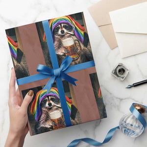 LGBTQ Pride Raccoon Rainbow Flag Wrapping Paper Roll Funny Drinking Beer