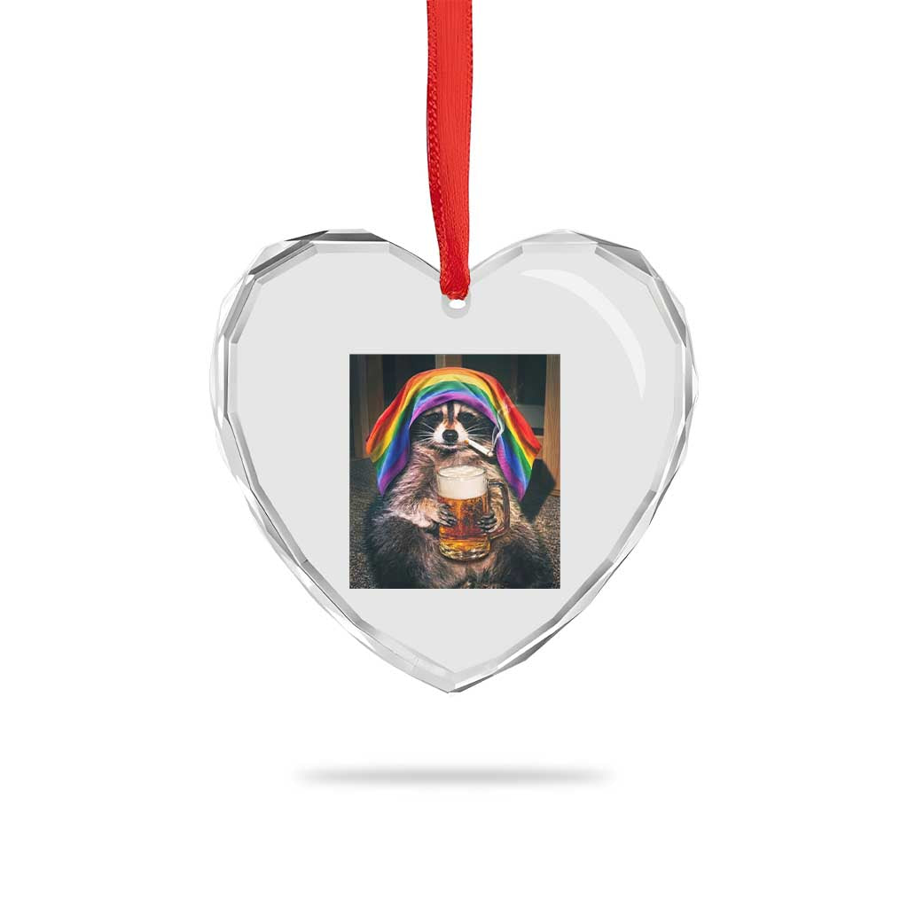 LGBTQ Pride Raccoon Rainbow Flag Heart Crystal Glass Ornament Funny Drinking Beer