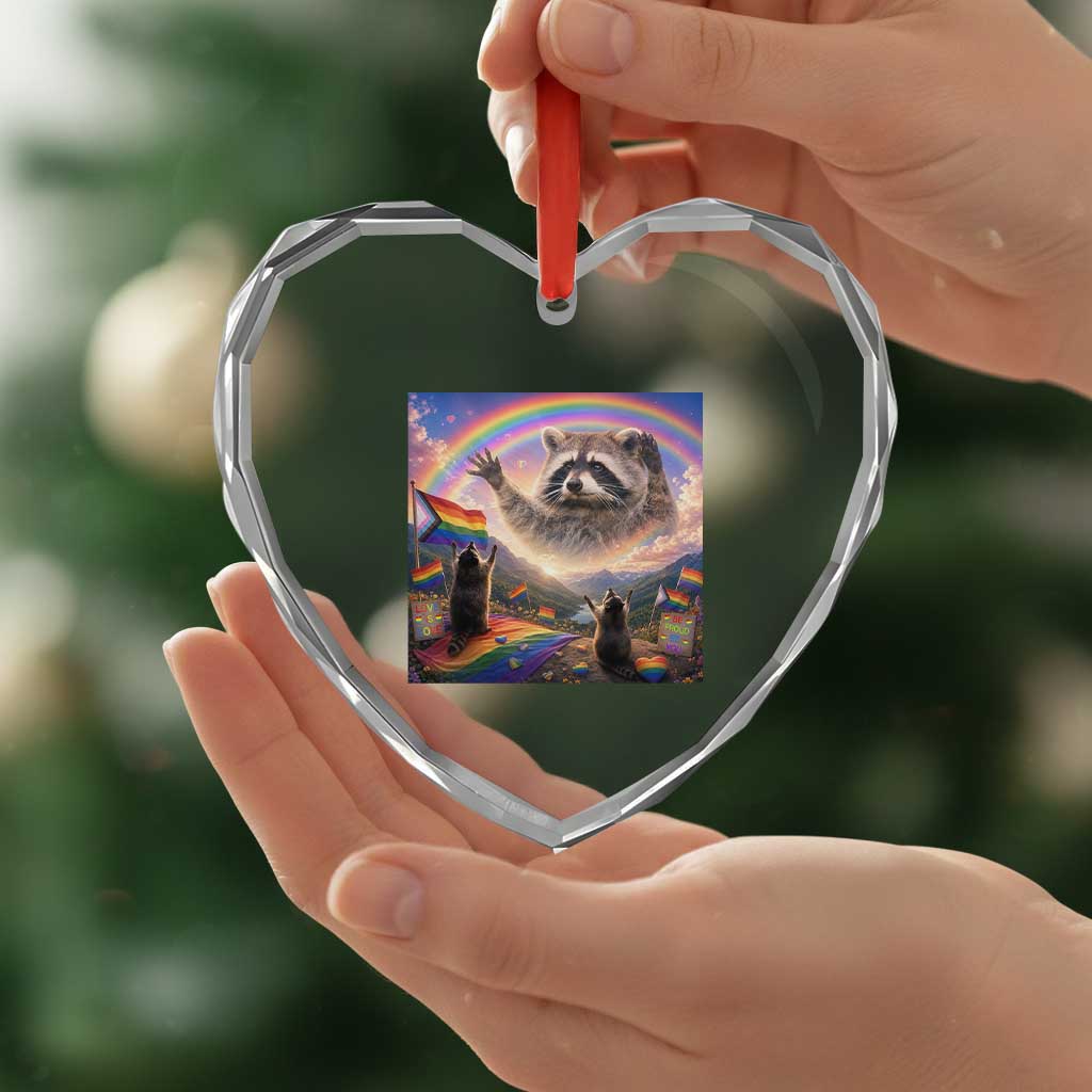 LGBTQ Pride Raccoon Rainbow Flag Heart Crystal Glass Ornament Two Raccoons Howling to The Rainbow