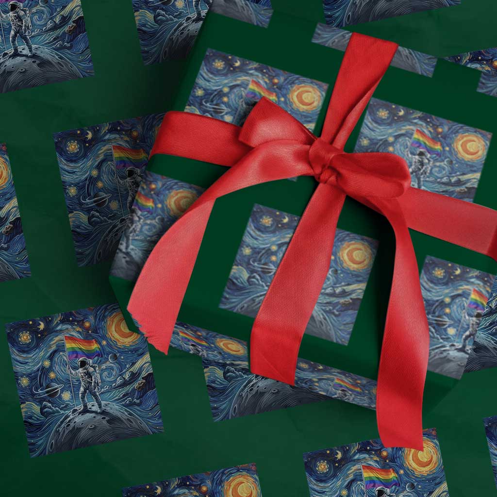 LGBTQ Rainbow Moon Astronaut Wrapping Paper Roll Starry Night Graphic TS12 Green Print Your Wear