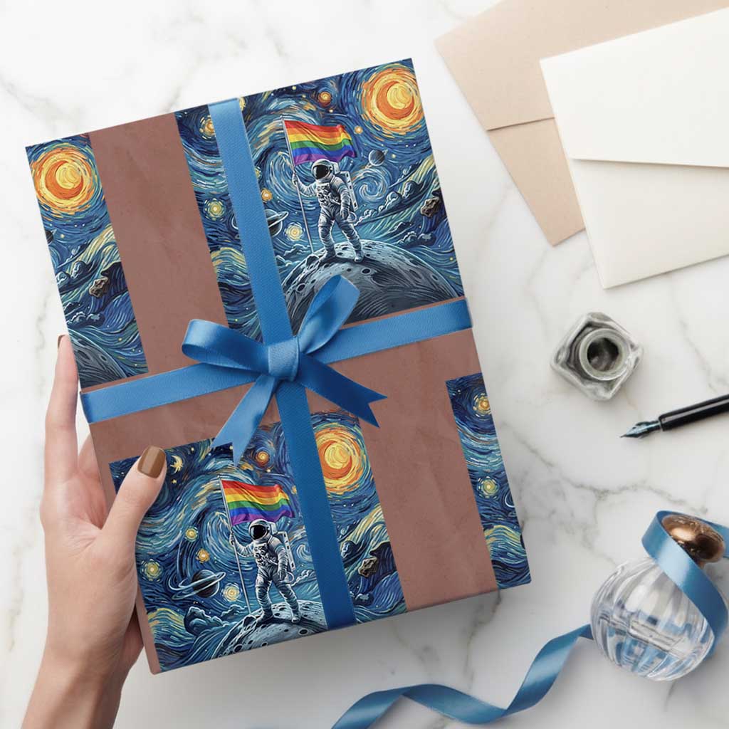 LGBTQ Rainbow Moon Astronaut Wrapping Paper Roll Starry Night Graphic TS12 Mocha Print Your Wear
