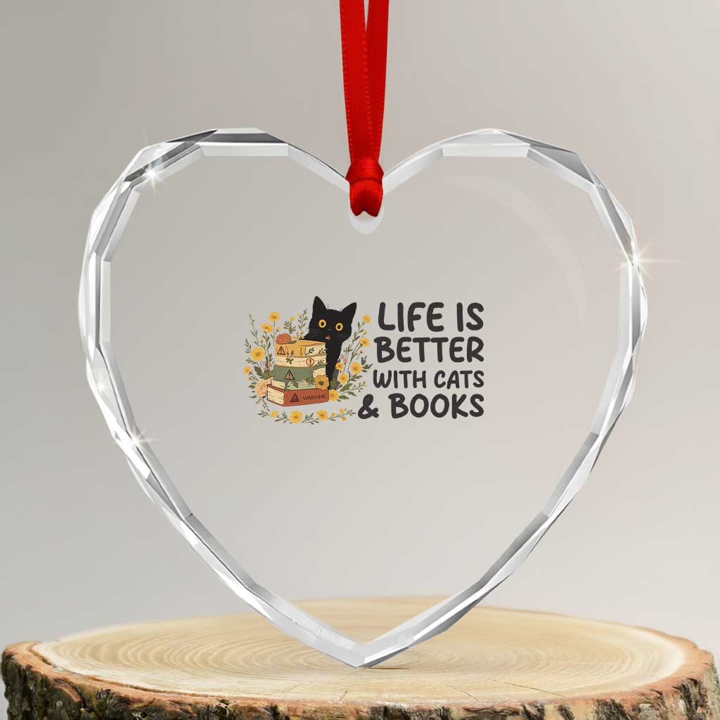 Life Is Better With Cats And Books Heart Crystal Glass Ornament Funny Black Cat Book Lover TS12 Transparent Glass 3'' Heart Print Your Wear