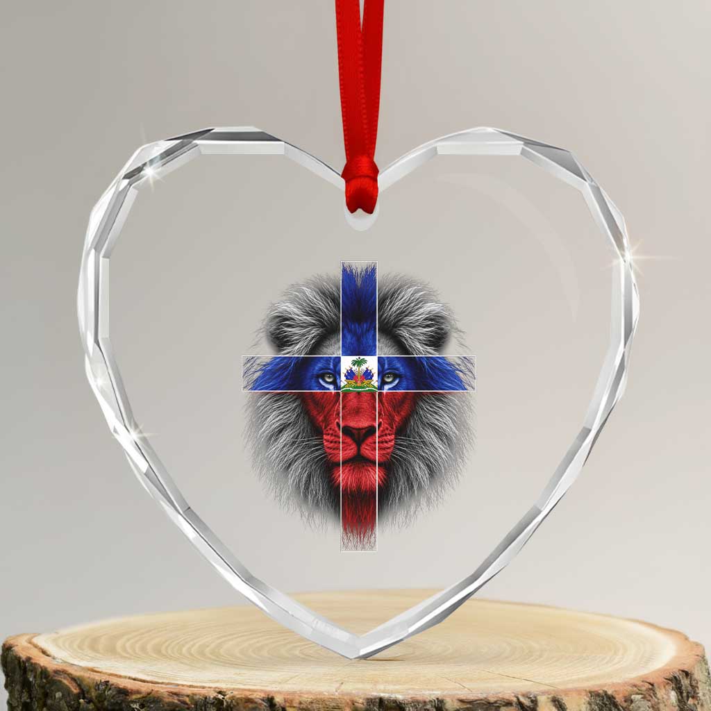 Lion of Judah Cross Haiti Flag Heart Crystal Glass Ornament Christian Faith Haitian Pride