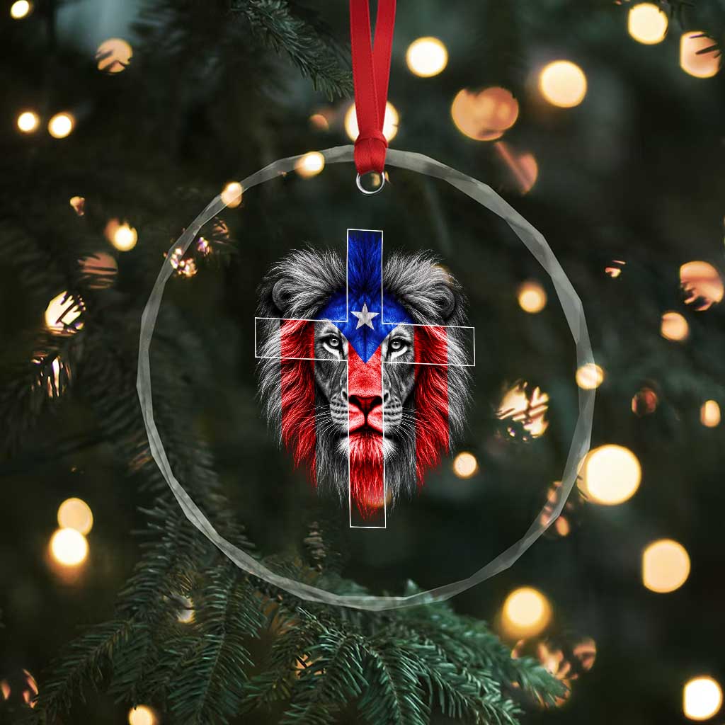 Lion of Judah Cross Puerto Rico Flag Crystal Glass Ornament Christian Faith Puerto Rican Pride