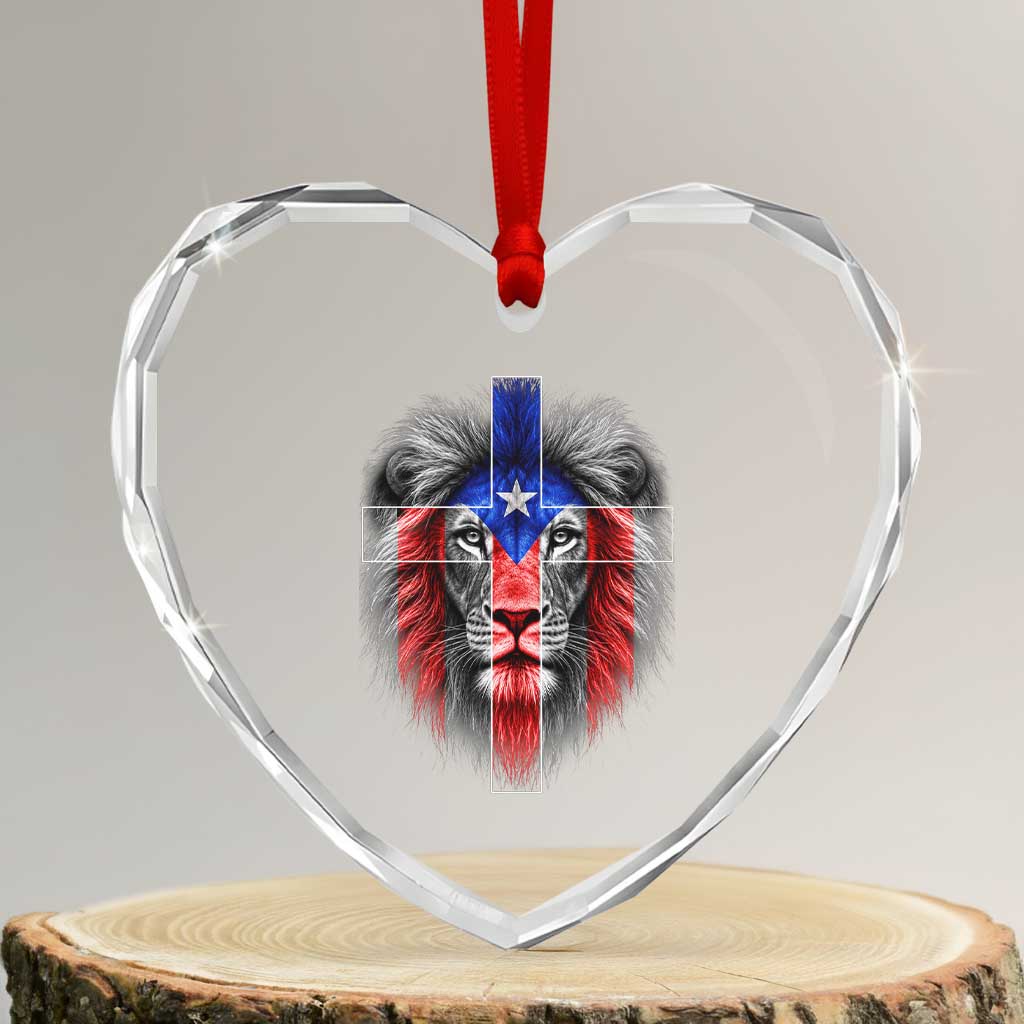 Lion of Judah Cross Puerto Rico Flag Heart Crystal Glass Ornament Christian Faith Puerto Rican Pride