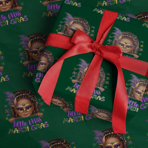 Little Miss Mardi Gras Wrapping Paper Roll Afro Messy Bun Girls Kids Mask Cute New Orleans TS10 Green Print Your Wear