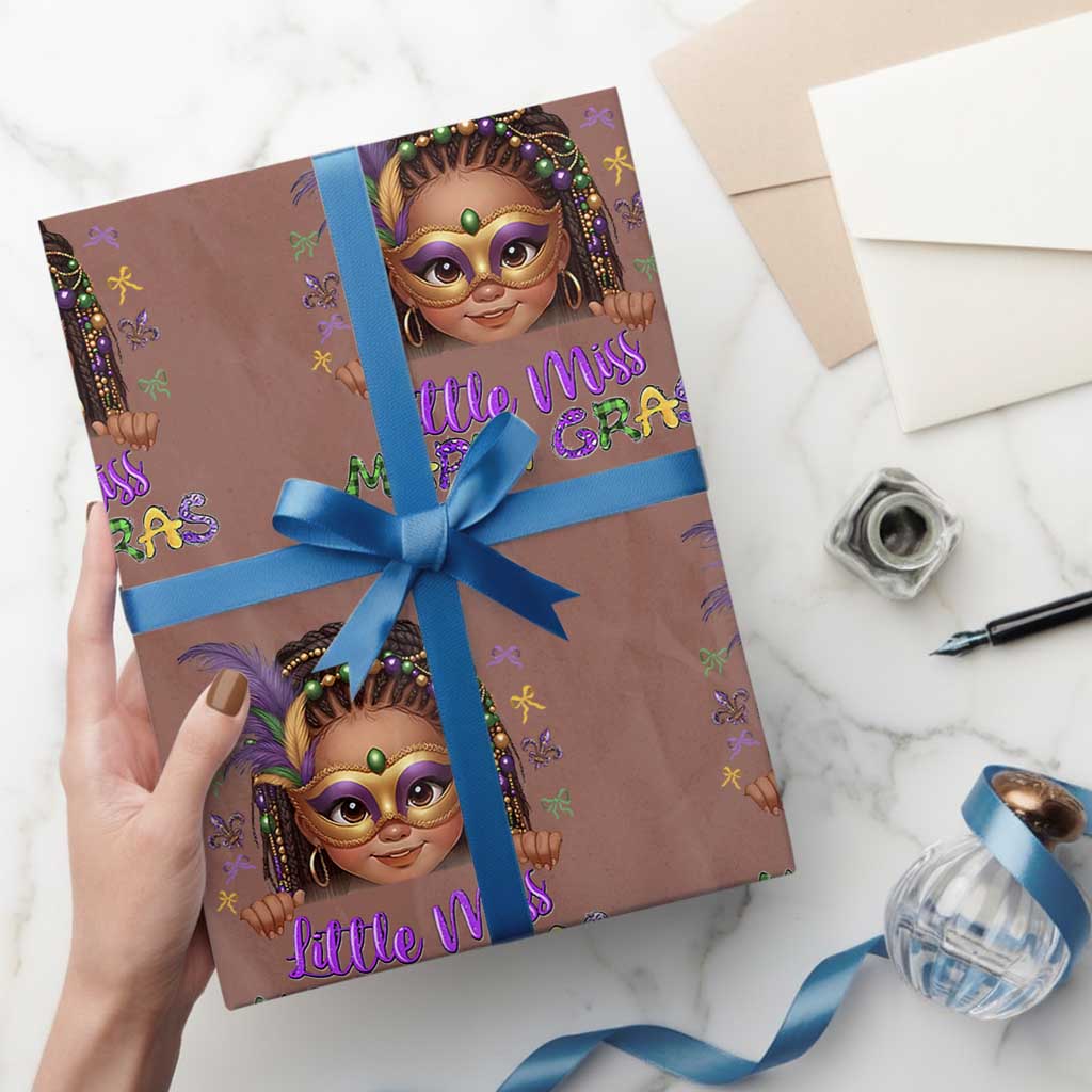 Little Miss Mardi Gras Wrapping Paper Roll Afro Messy Bun Girls Kids Mask Cute New Orleans TS10 Mocha Print Your Wear