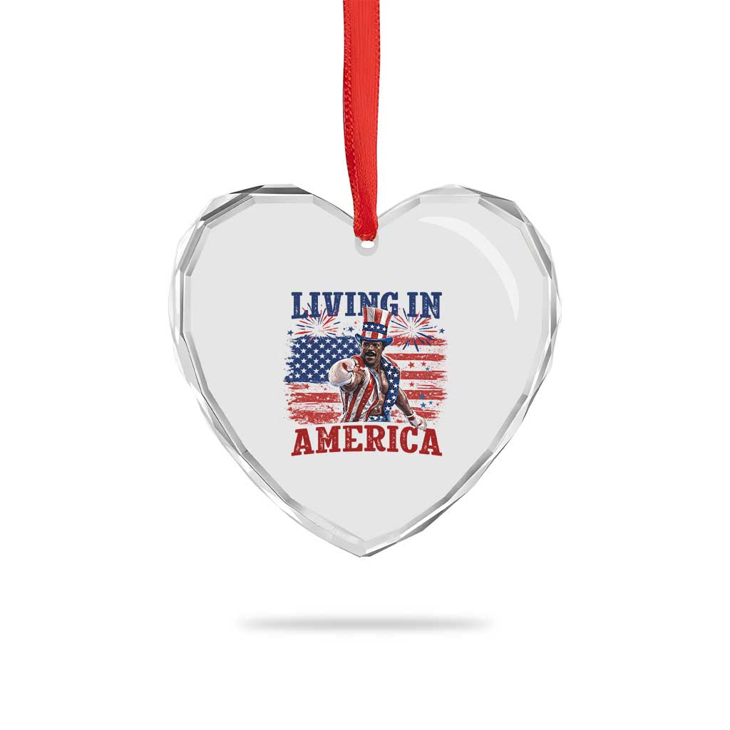 Living In America Funny Patriotic Heavyweight Boxer Heart Crystal Glass Ornament Vintage Distressed Flag Uncle Sam Hat Boxing Champion
