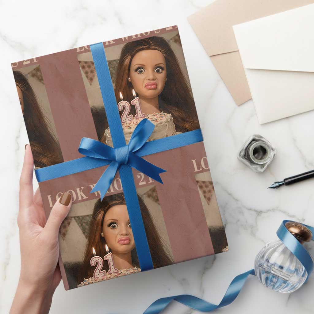 Look Who's 21 Wrapping Paper Roll Funny Birthday Doll Face Meme