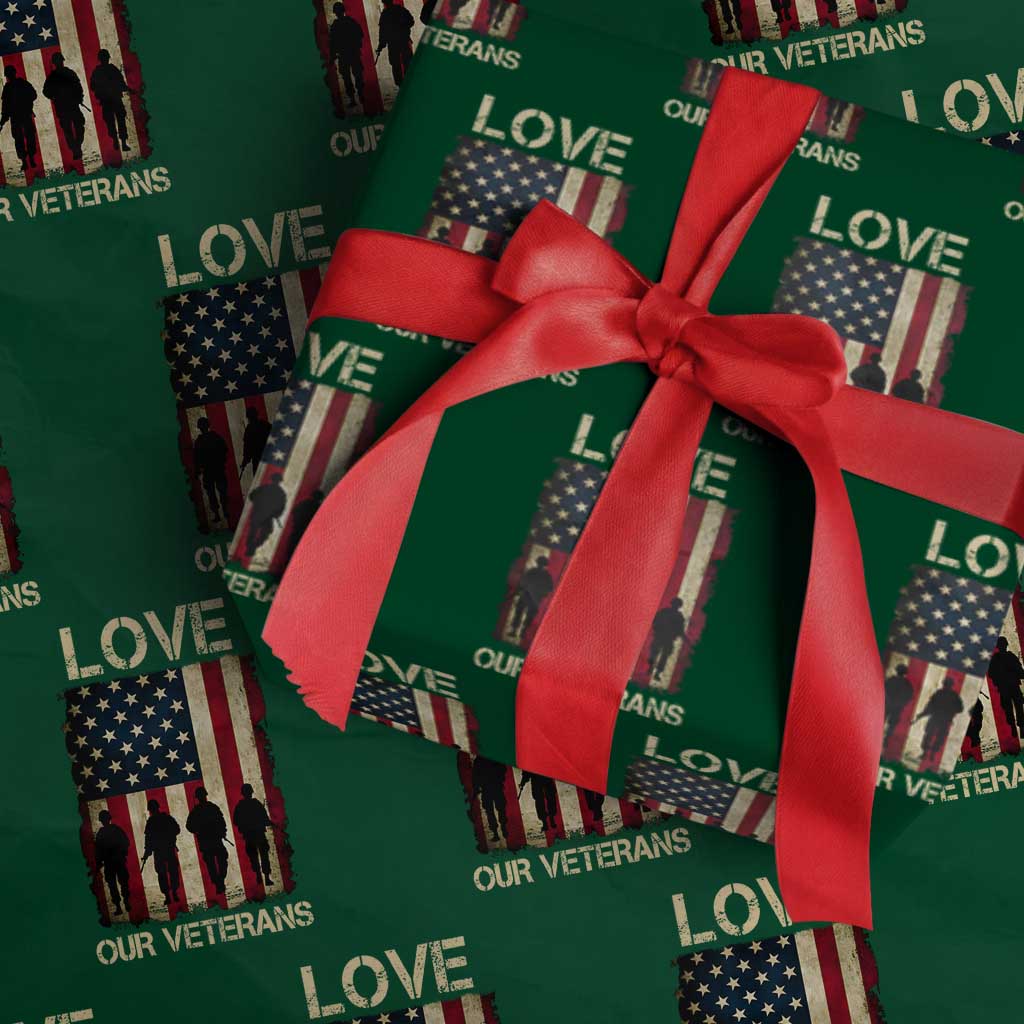 Love Our Veterans Wrapping Paper Roll US Veterans Day Proud Military Family US Flag TS10 Green Print Your Wear