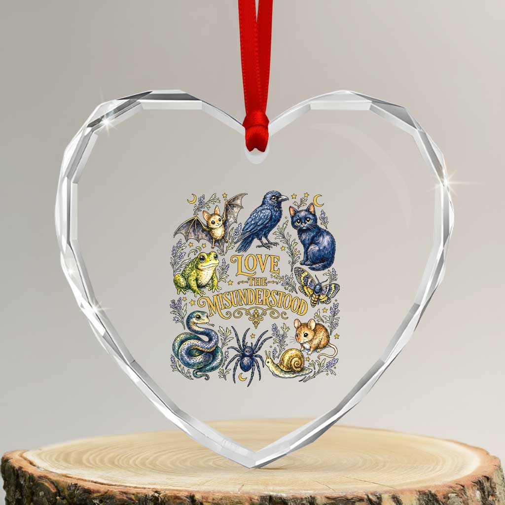 Love The Misunderstood Whimsigoth Dark Cottagecore Heart Crystal Glass Ornament Bat Crow Black Cat Frog Snake Spooky Folklore TS02 Transparent Glass 3'' Heart Print Your Wear