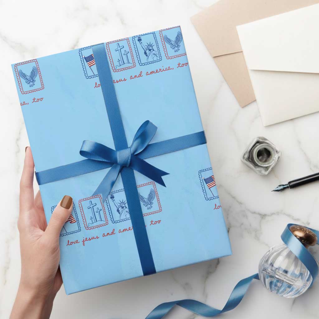 Loves Jesus and America Too Wrapping Paper Roll 4th of July Christian TS14 Light Blue Print Your Wear