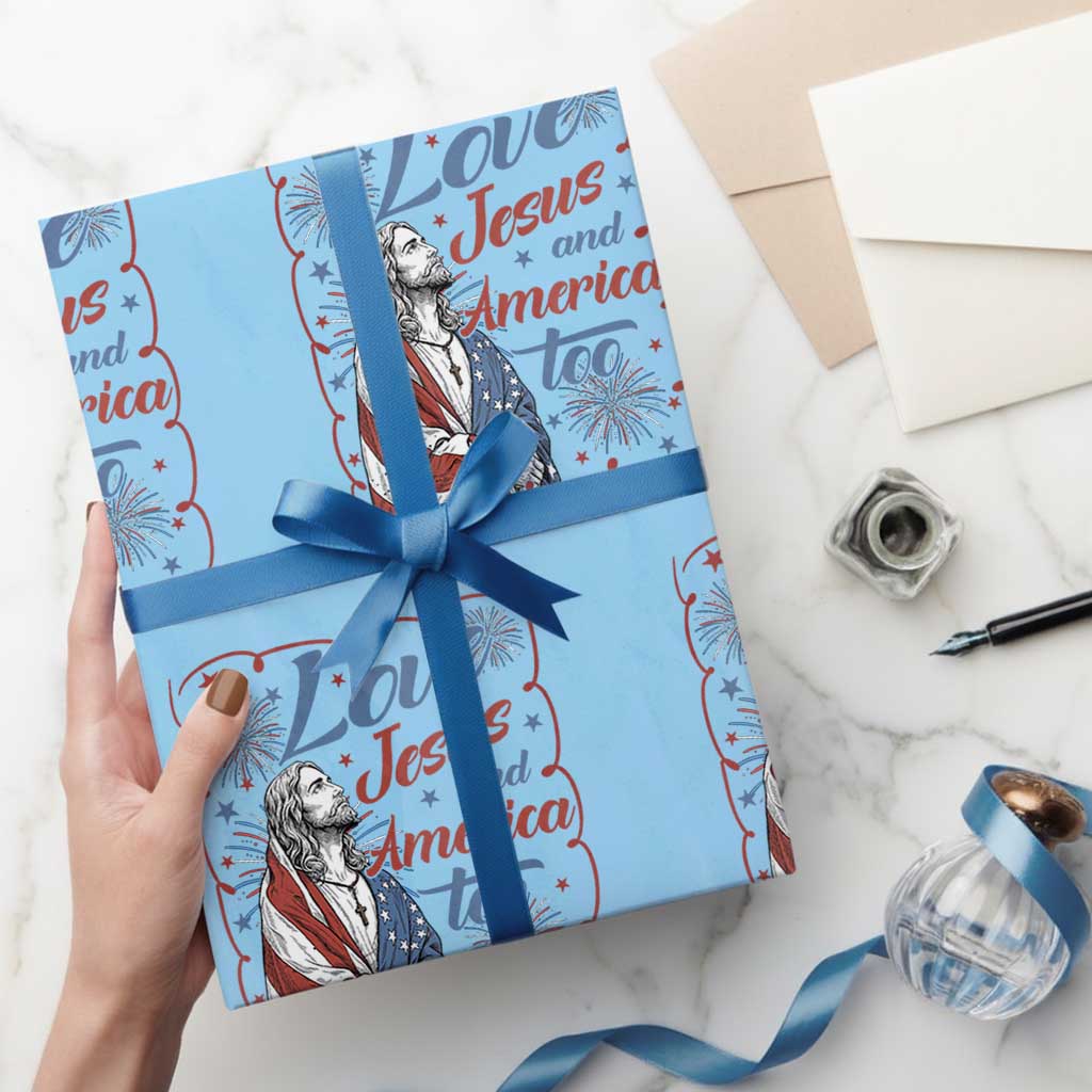 Loves Jesus and America Too Wrapping Paper Roll Patriotic Christian Jesus 4th of July TS14 Light Blue Print Your Wear