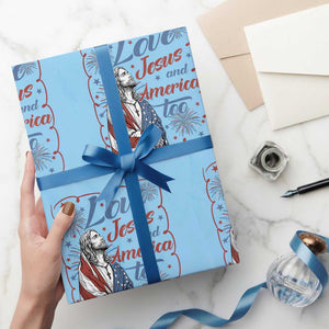 Loves Jesus and America Too Wrapping Paper Roll Patriotic Christian Jesus 4th of July TS14 Light Blue Print Your Wear