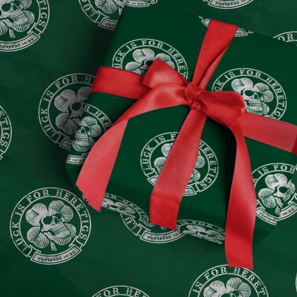 Lucky Is For Heretics Skull Shamrock Wrapping Paper Roll Proverbs 16:33 Christian St Patricks Day Statement