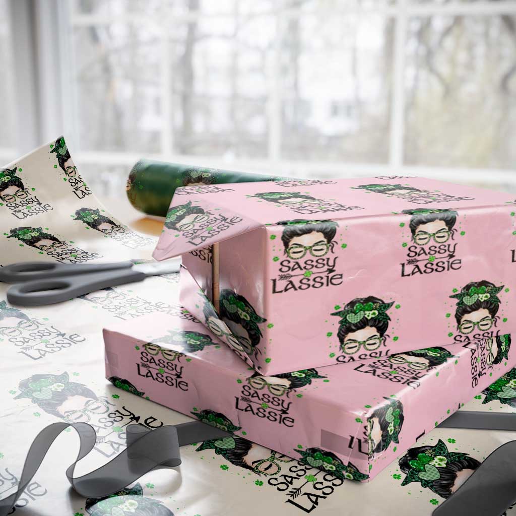 Lucky Sassy Lassie Messy Bun Wrapping Paper Roll Funny St Patricks Day TS02 Light Pink Print Your Wear