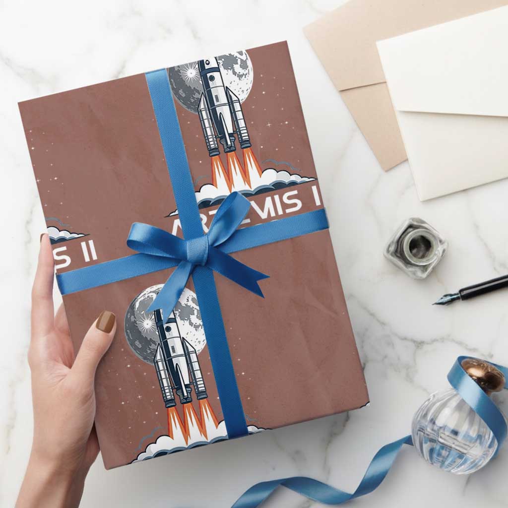 Lunar Journey 2026 Retro Rocket Launch Wrapping Paper Roll Space Exploration Astronomy Enthusiasts Sci-Fi Lovers TS02 Mocha Print Your Wear