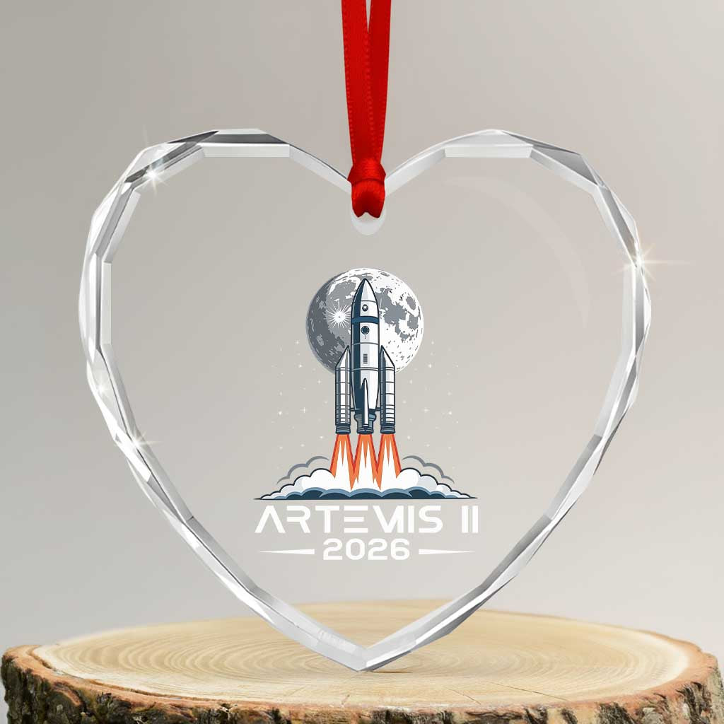 Lunar Journey 2026 Retro Rocket Launch Heart Crystal Glass Ornament Space Exploration Astronomy Enthusiasts Sci-Fi Lovers TS02 Transparent Glass 3'' Heart Print Your Wear