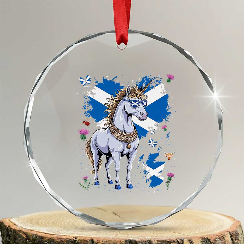 Majestic Scottish Unicorn Wearing Saltire Sunglasses Graphic Crystal Glass Ornament Floral Thistles Scottish Heritage Pride TS02 Transparent Glass 3'' Circle Print Your Wear
