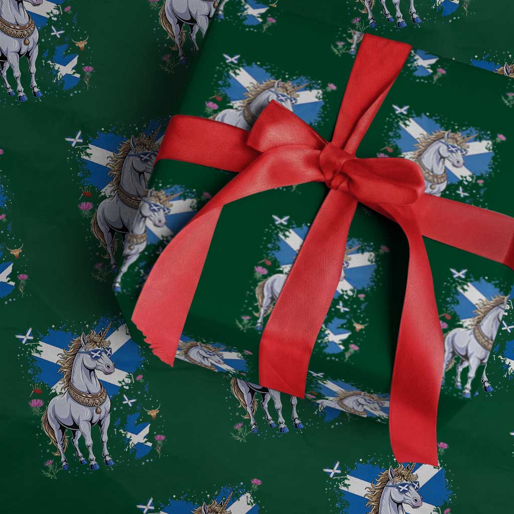 Majestic Scottish Unicorn Wearing Saltire Sunglasses Graphic Wrapping Paper Roll Floral Thistles Scottish Heritage Pride TS02 Green Print Your Wear