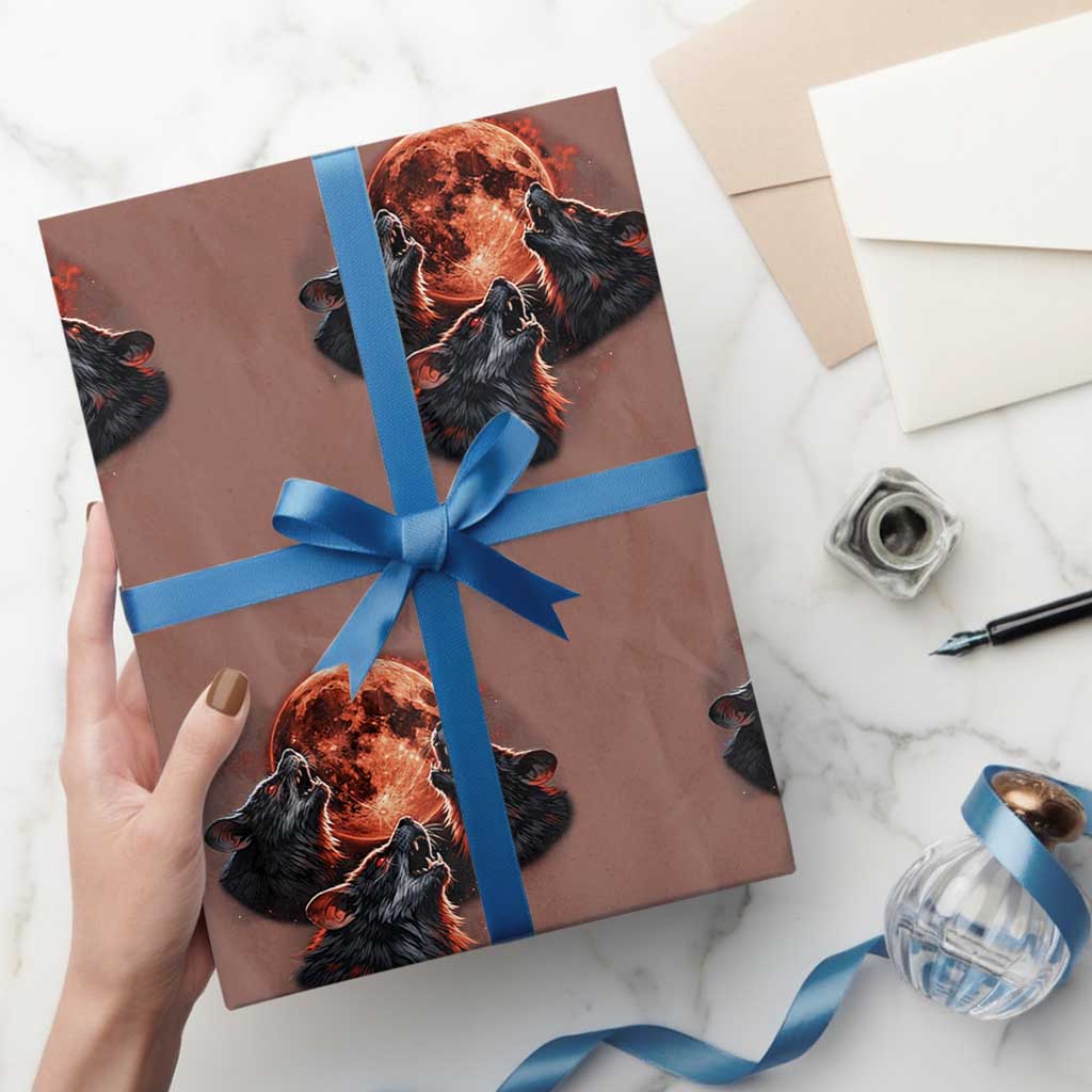 Majestic Three Wolves Howling at Red Blood Moon Graphic Wrapping Paper Roll Wild Nature with Celestial Astronomy TS02 Mocha Print Your Wear