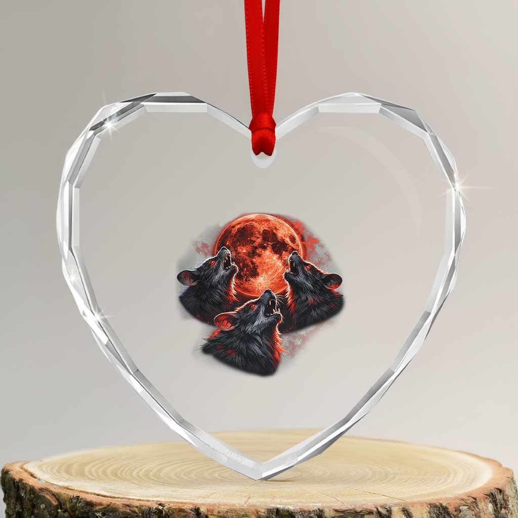 Majestic Three Wolves Howling at Red Blood Moon Graphic Heart Crystal Glass Ornament Wild Nature with Celestial Astronomy TS02 Transparent Glass 3'' Heart Print Your Wear