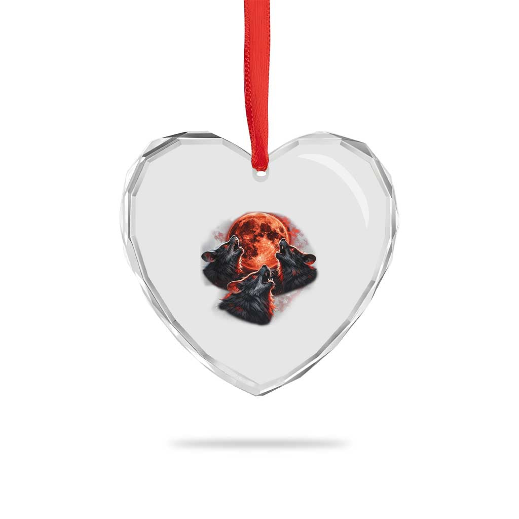 Majestic Three Wolves Howling at Red Blood Moon Graphic Heart Crystal Glass Ornament Wild Nature with Celestial Astronomy TS02 Print Your Wear