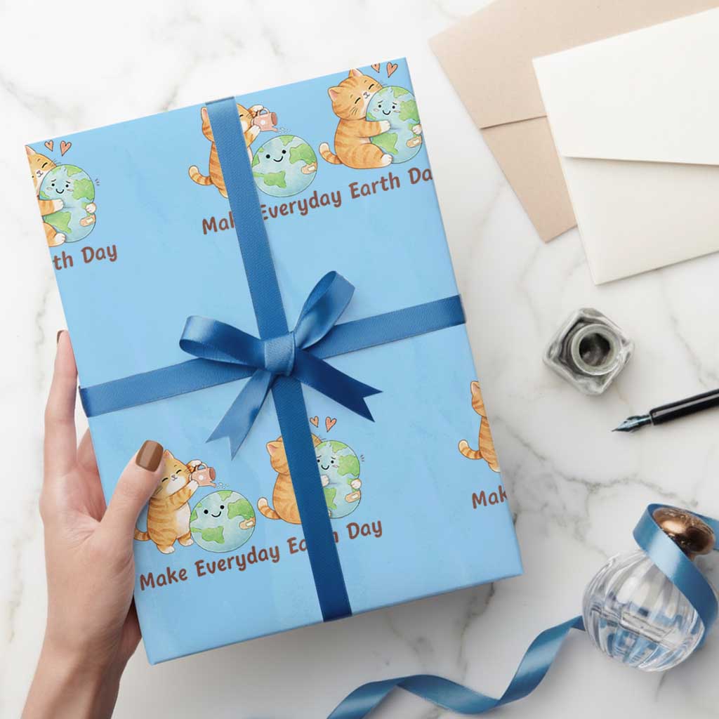 Make Everyday Earth Day Wrapping Paper Roll Cute Cat Healing Planet Earth TS12 Light Blue Print Your Wear