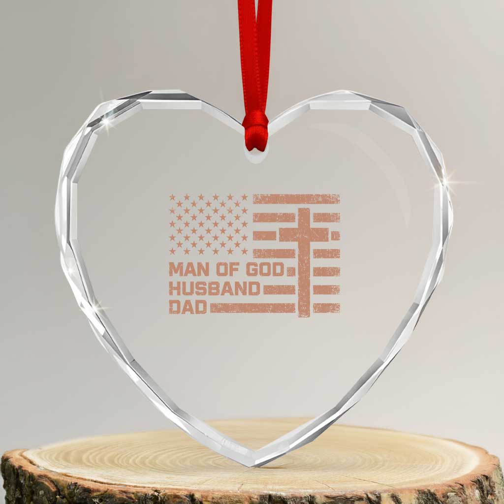 Man of God Husband Dad Christian Dad Father's Day Heart Crystal Glass Ornament Vintage American Flag TS11 Transparent Glass 3'' Heart Print Your Wear