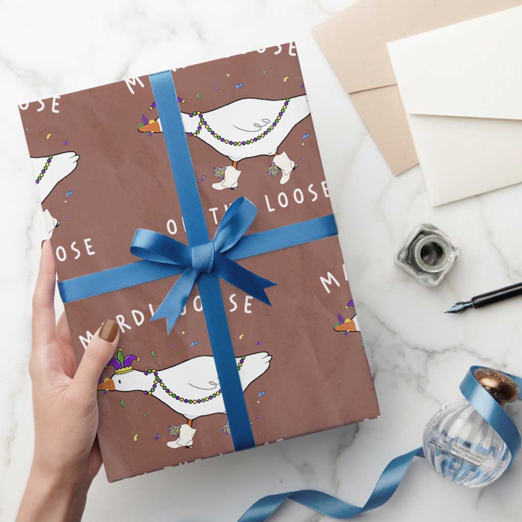 Mardi Goose On The Loose Wrapping Paper Roll Funny Mardi Gras Carnival Parade TS11 Mocha Print Your Wear