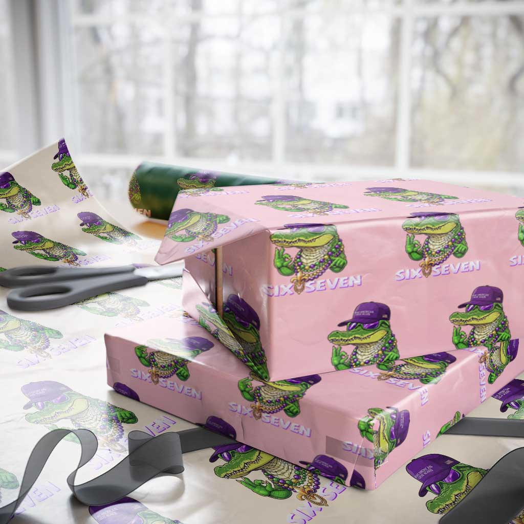 Mardi Gras Alligator Wrapping Paper Roll Funny Six Seven MAGA Political Meme TS14 Light Pink Print Your Wear